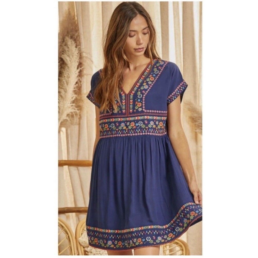 Savannah Jane Blue Embroidered Mini Dress Small Summer Vacation Bohemian Party